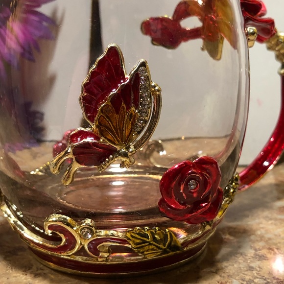 New Kpcuistic Red Rose & Butterfly Tea/Coffee Mug W/Silver Spoon & Coaster - Picture 3 of 11